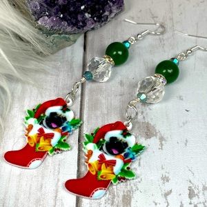 French Bulldog Acrylic Christmas Dangle Earrings Hand Crafted And Double Sided